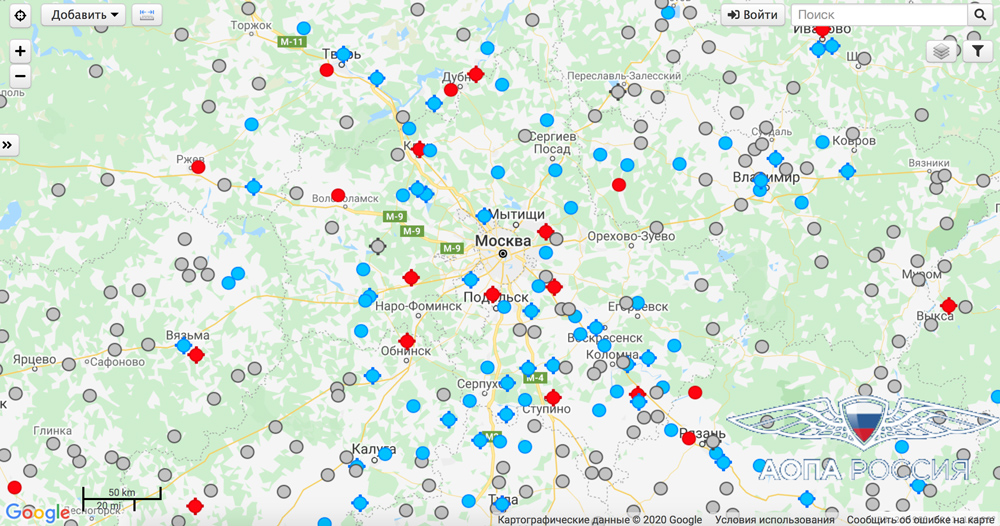 Карта аэродромов вокруг Москвы